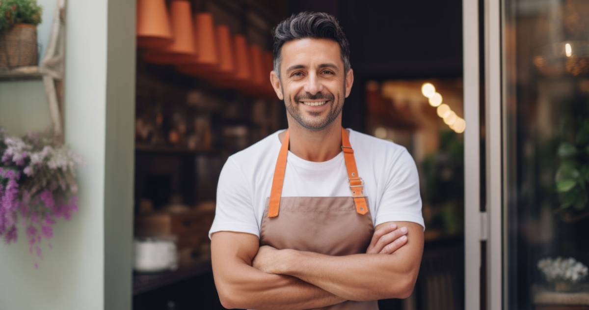 Trotse koffieshopeigenaar die voor zijn gezellige café staat