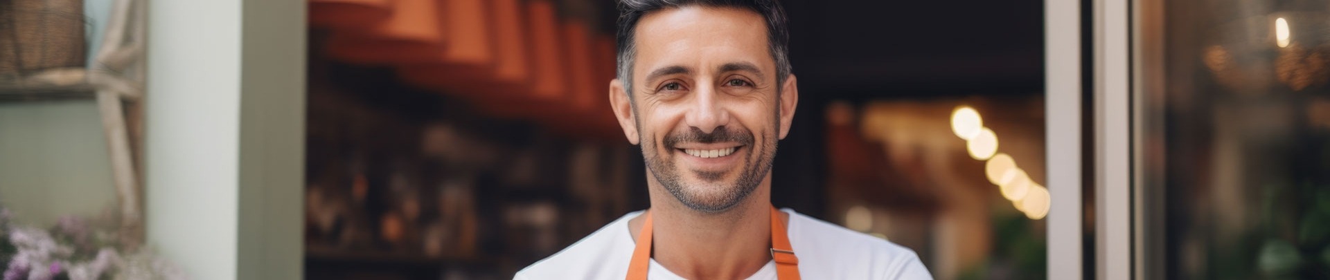 Trotse koffieshopeigenaar die voor zijn gezellige café staat